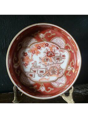 Vintage Gold Imari Japan Hand-Painted Porcelain Shallow Bowl Iron Red and Gold